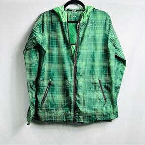 Nike Running Women’s Sz Large Green Plaid Full Zip Hooded Windbreaker Jacket